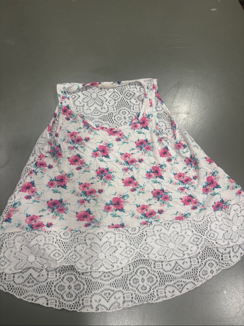 btween White Floral Lace-Trim Tank Top with Pink Flowers